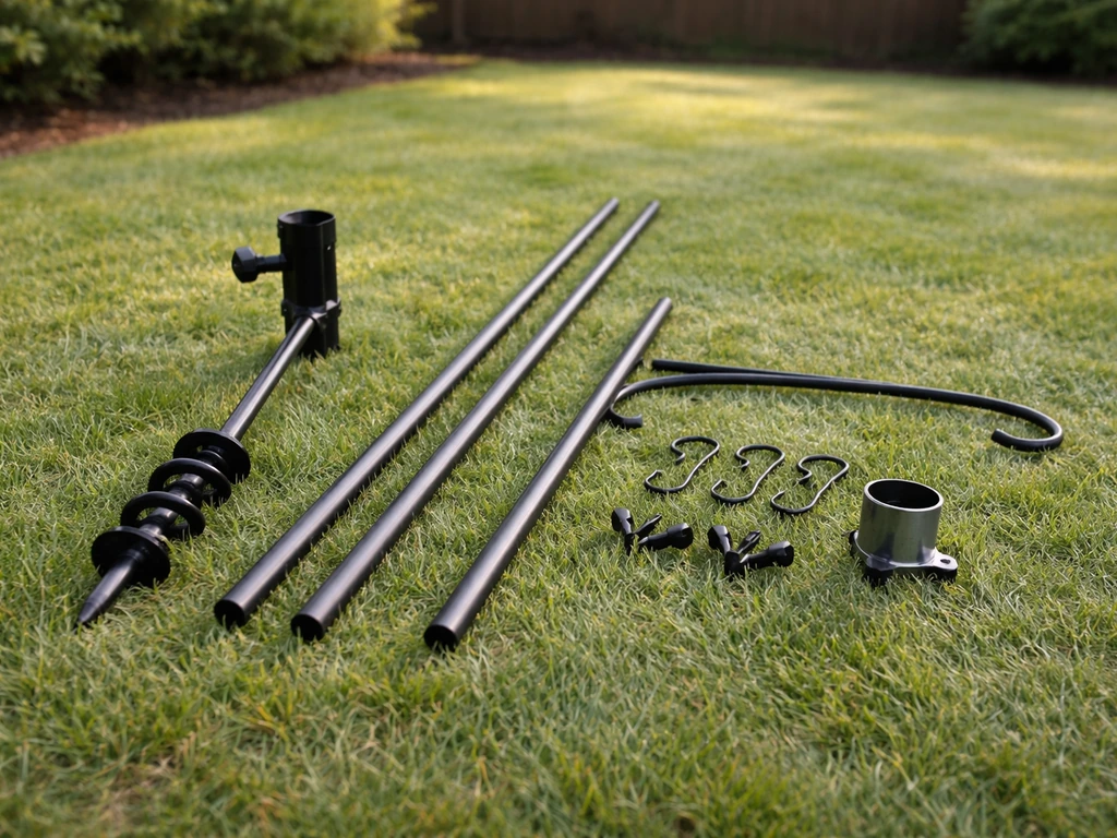 Bird feeder pole system components laid out on grass: ground base, pole sections, arms, hangers, baffle interface.