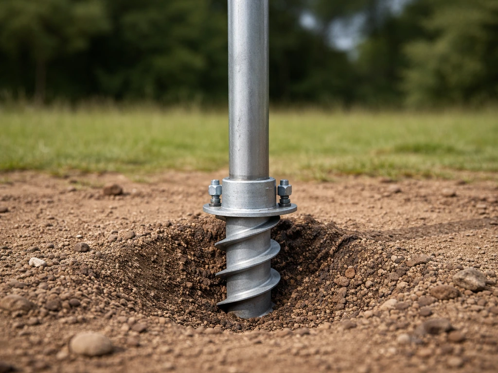 Upright metal pole anchored with visible auger hardware in soil, implying wind stability with subtle blur.