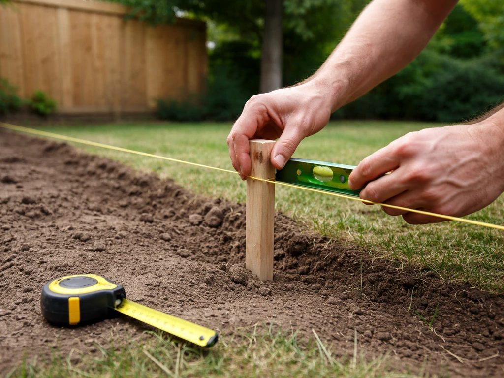 Hands set a yard stake with rope and level in a backyard before installing a ground socket.