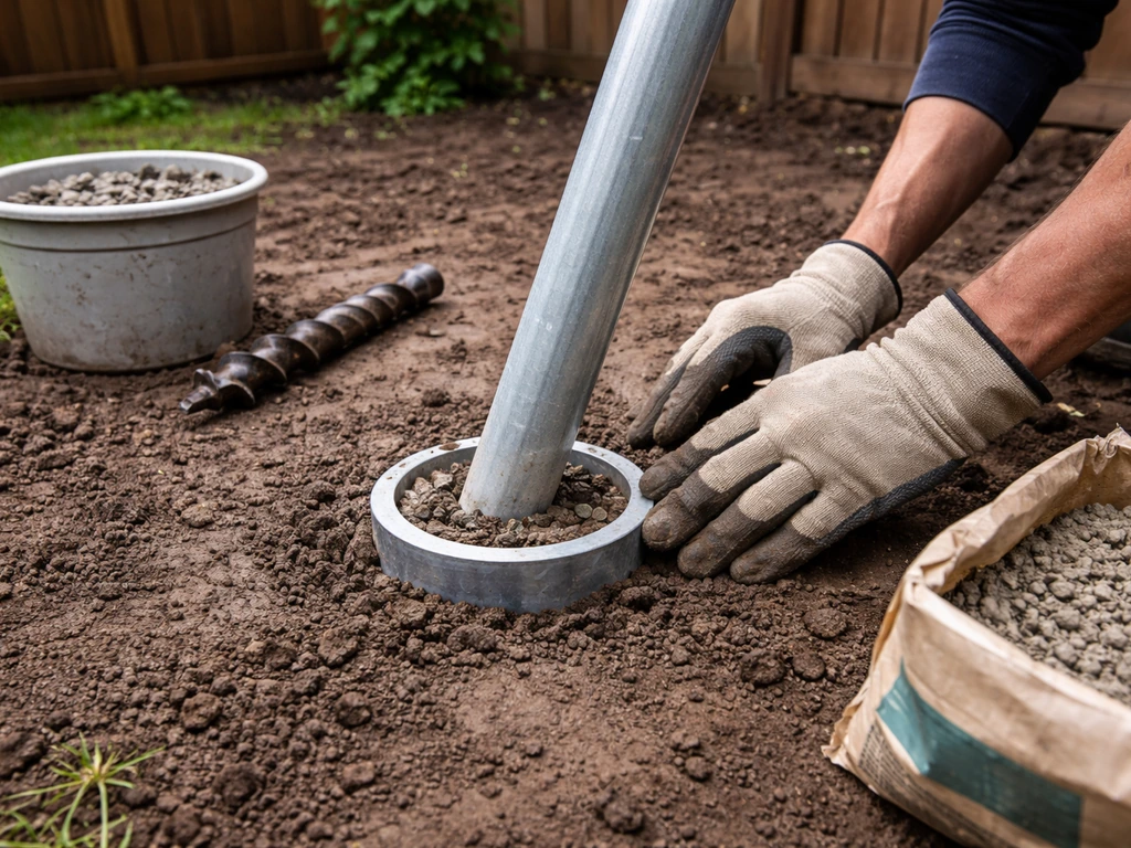 Fence pole leaning as a repair worker re-seats a loosened ground socket with gravel and concrete.