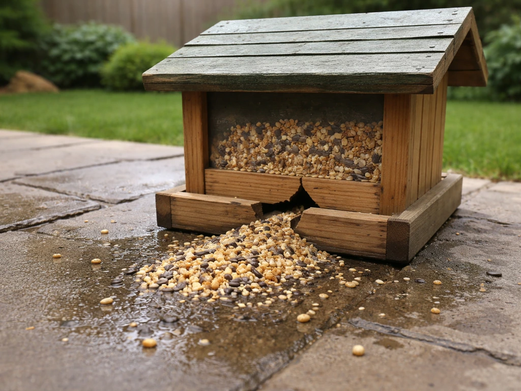 Cracked bird feeder with wet seed spilling onto the ground in a quiet backyard.