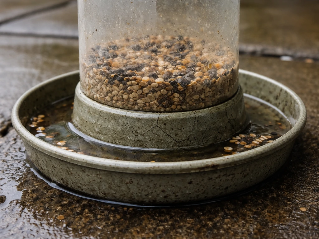 Close-up of a cracked bird feeder with pooled water in a tray and no drainage holes visible.