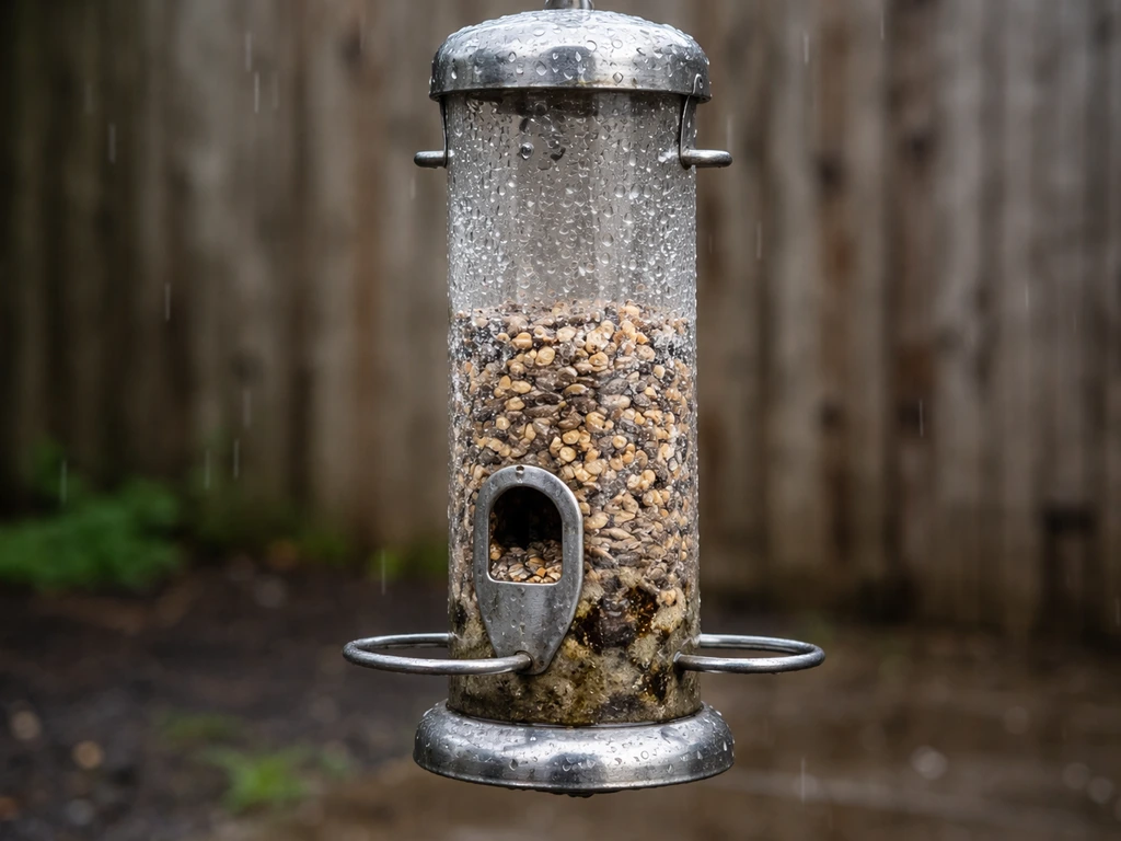 Tube seed feeder in rainy weather with wet, seed-packed bottom and stained moldy interior.