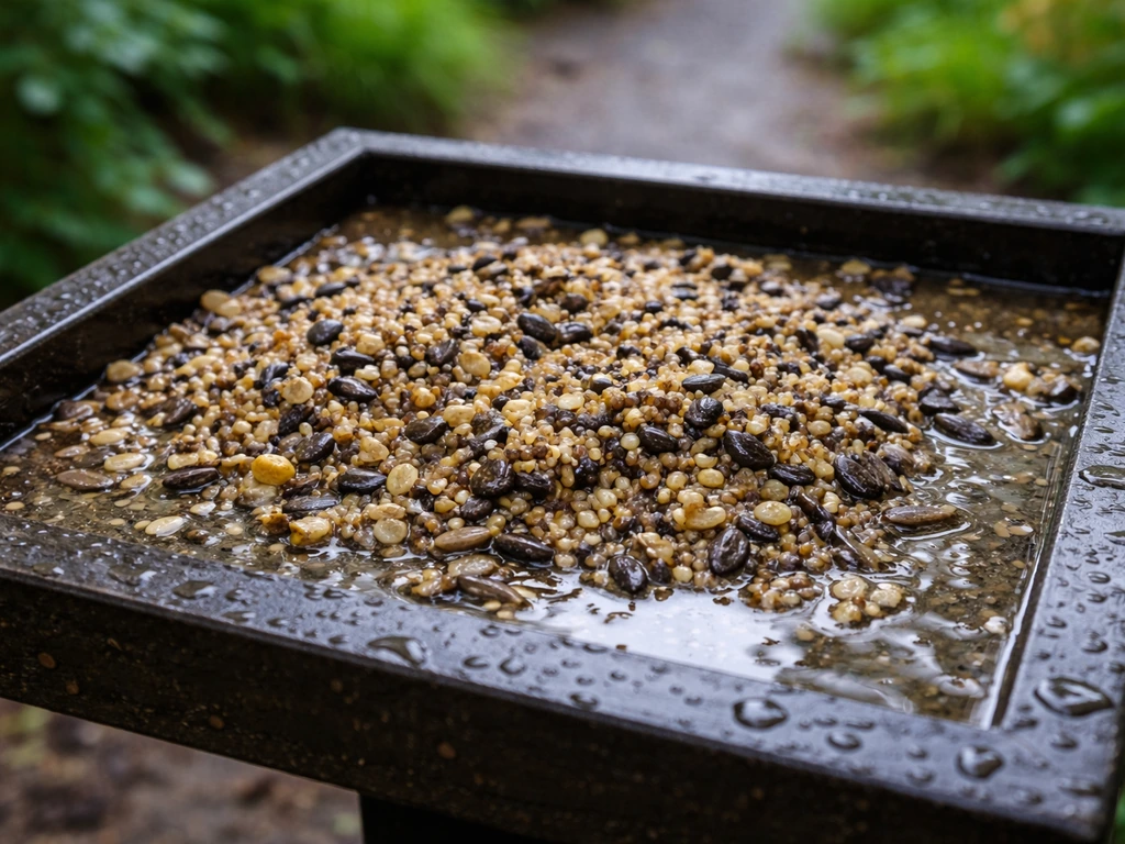 Uncovered bird feeder platform with rain-soaked clumpy seeds and dampness on a simple outdoor stand