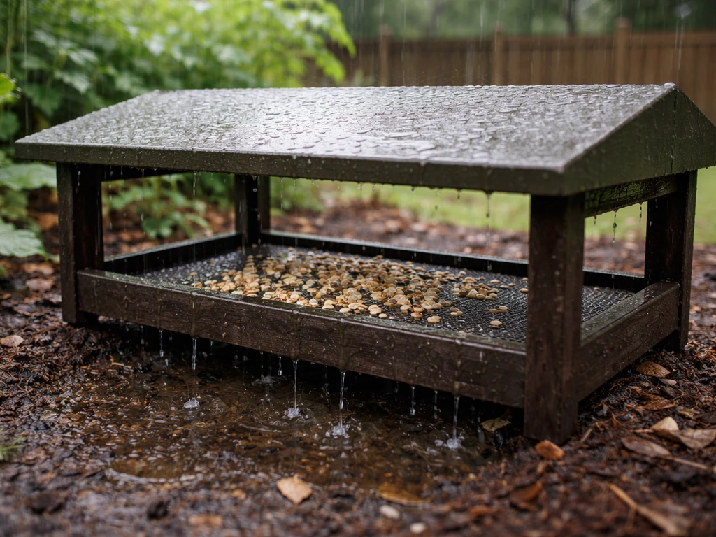 Covered platform feeder with a mesh floor, rain draining through in a backyard garden setting.